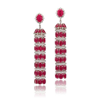 View full screen - View 1 of Lot 1808. PAIR OF RUBY AND DIAMOND PENDANT EARRINGS | 紅寶石 配 鑽石 耳墜一對.