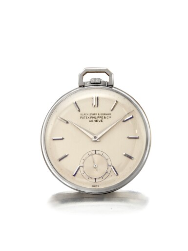View full screen - View 1 of Lot 57. Retailed by Black, Starr & Gorham: A platinum open faced watch, Circa 1940 百達翡麗 鉑金懷錶,1940年製,零售商為Black, Starr & Gorham.