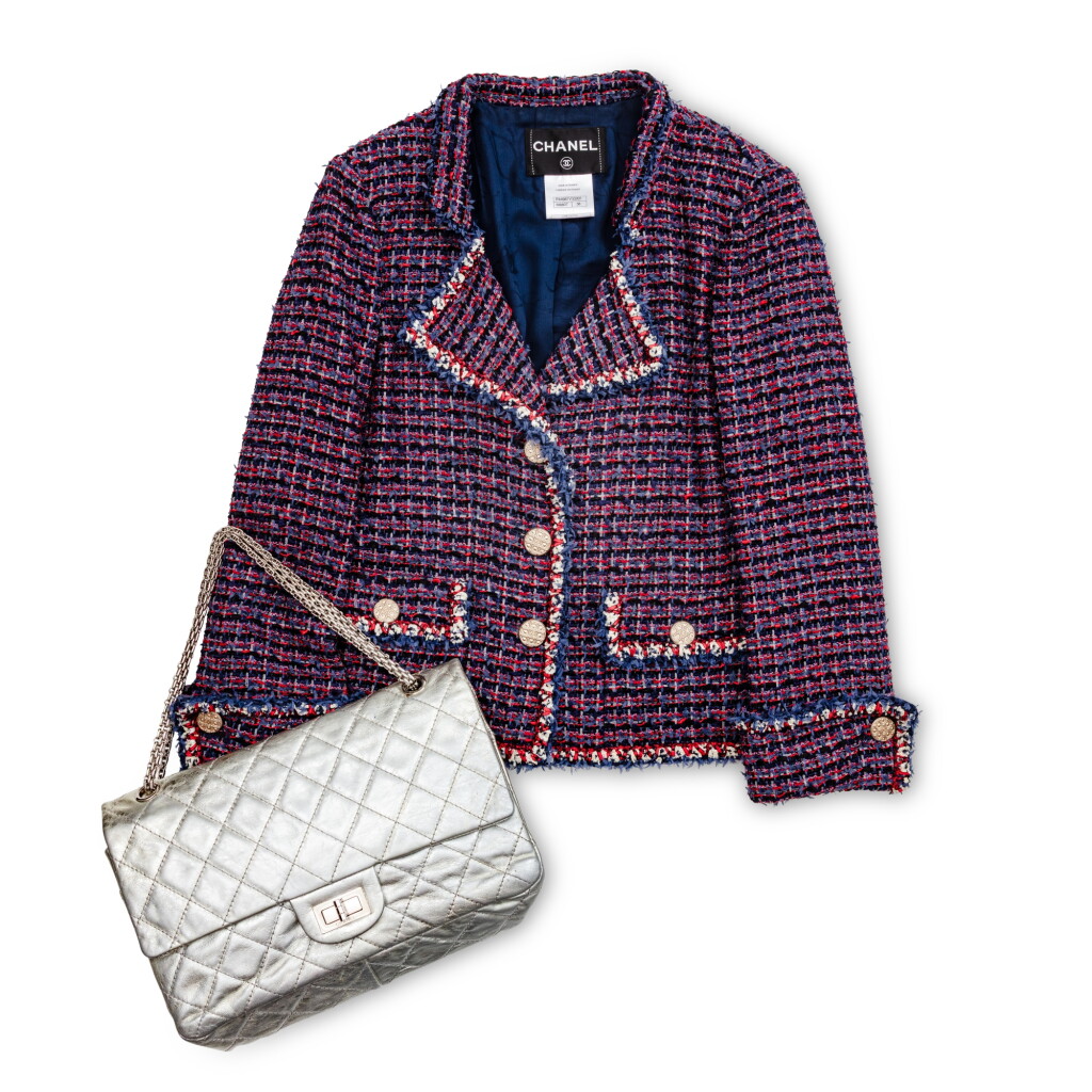 View full screen - View 1 of Lot 634. Set of Two Red, Blue and White Tweed Blazer and Silver Quilted Aged Calfskin Maxi 2.55 Reissue 227 Double Flap Silver Hardware, 2006-08.