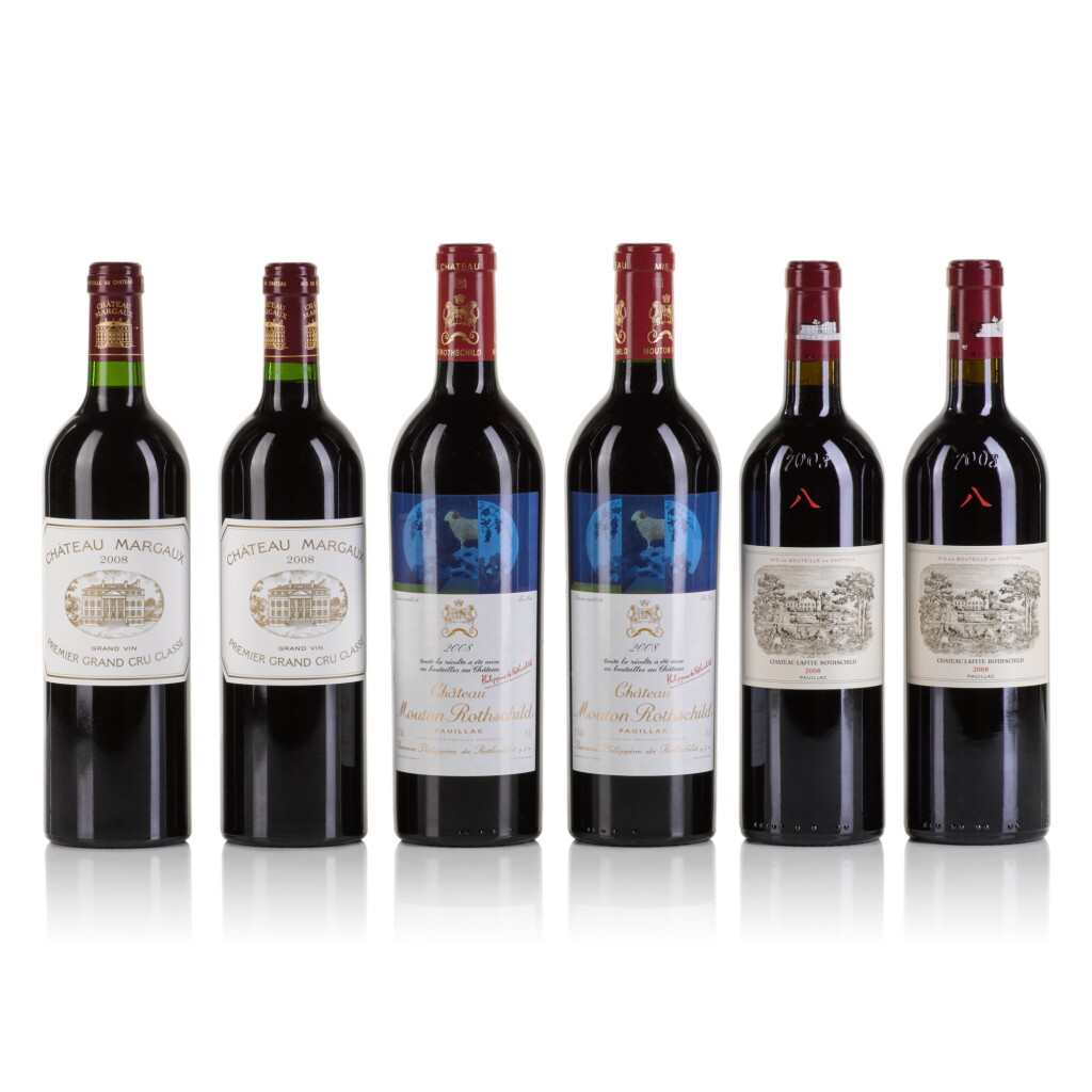 View full screen - View 1 of Lot 382. Château Lafite, Mouton Rothschild and Margaux 2008 (6 BT).