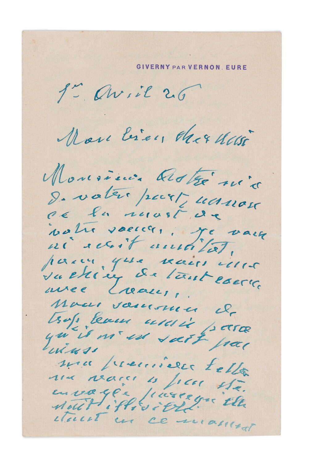 View full screen - View 1 of Lot 50. Lettre autographe signée à un ami, 1er avril 1926. Émouvant billet du peintre alors âgé de 85 ans..