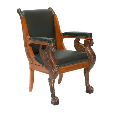 View full screen - View 1 of Lot 20. AN EMPIRE MAHOGANY AND PATINATED WOOD FAUTEUIL DE BUREAU, CIRCA 1810.