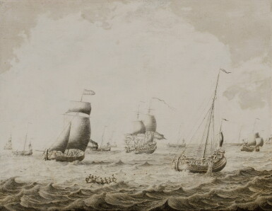 View full screen - View 1 of Lot 137. ADRIAEN VAN SALM | RIVER ESTUARY WITH SAILING SHIPS, FISHING BOATS, AND A ROWING BOAT IN THE FOREGROUND.