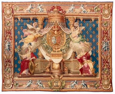 View full screen - View 1 of Lot 43. A Chancellerie Portiere Tapestry, Gobelins Manufactory, Paris, Louis XV, circa 1730, low-warp loom workshop, under direction of Etienne-Claude Le Blond (1700-11751), after cartoons by Guy-Louis Vernansal (1648-1729), Pavillon (1690-1712) and Claude III Audran (1658-1734), with border design by Audran III circa 1720.