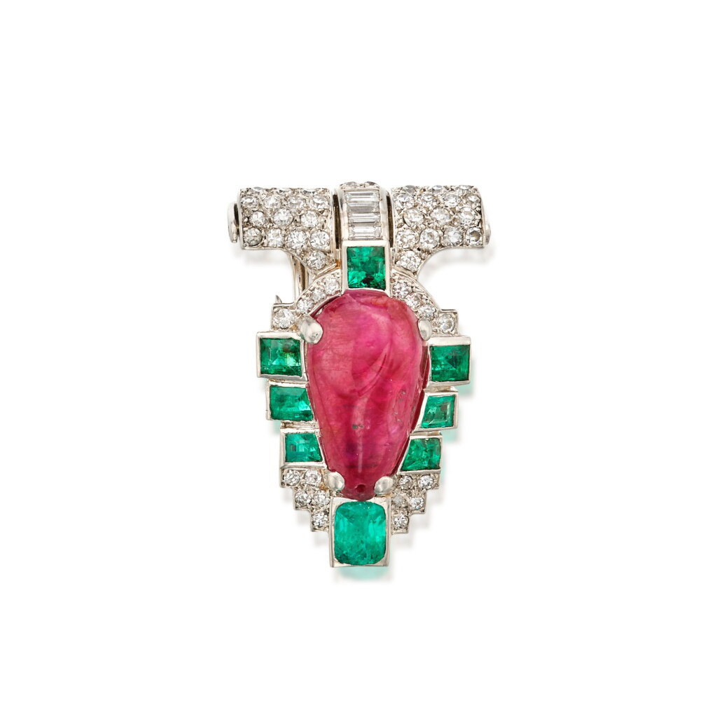 View full screen - View 1 of Lot 42. Ruby, Emerald and Diamond Clip, Paris.