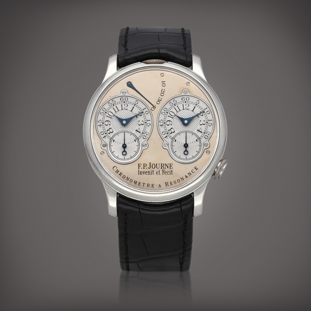 View full screen - View 1 of Lot 65. Résonance 'Pré-production' A platinum dual time zone wristwatch with power reserve indication and brass movement Circa 1999 | F.P. Journe | Résonance 'Pré-production' 鉑金兩地時間腕錶備動力儲存顯示及黃銅機芯,製作年份約 1999.