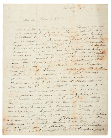 View full screen - View 1 of Lot 19. Caroline of Brunswick, Queen of the United Kingdom | Autograph letter signed, to Lucien Bonaparte, 1817.