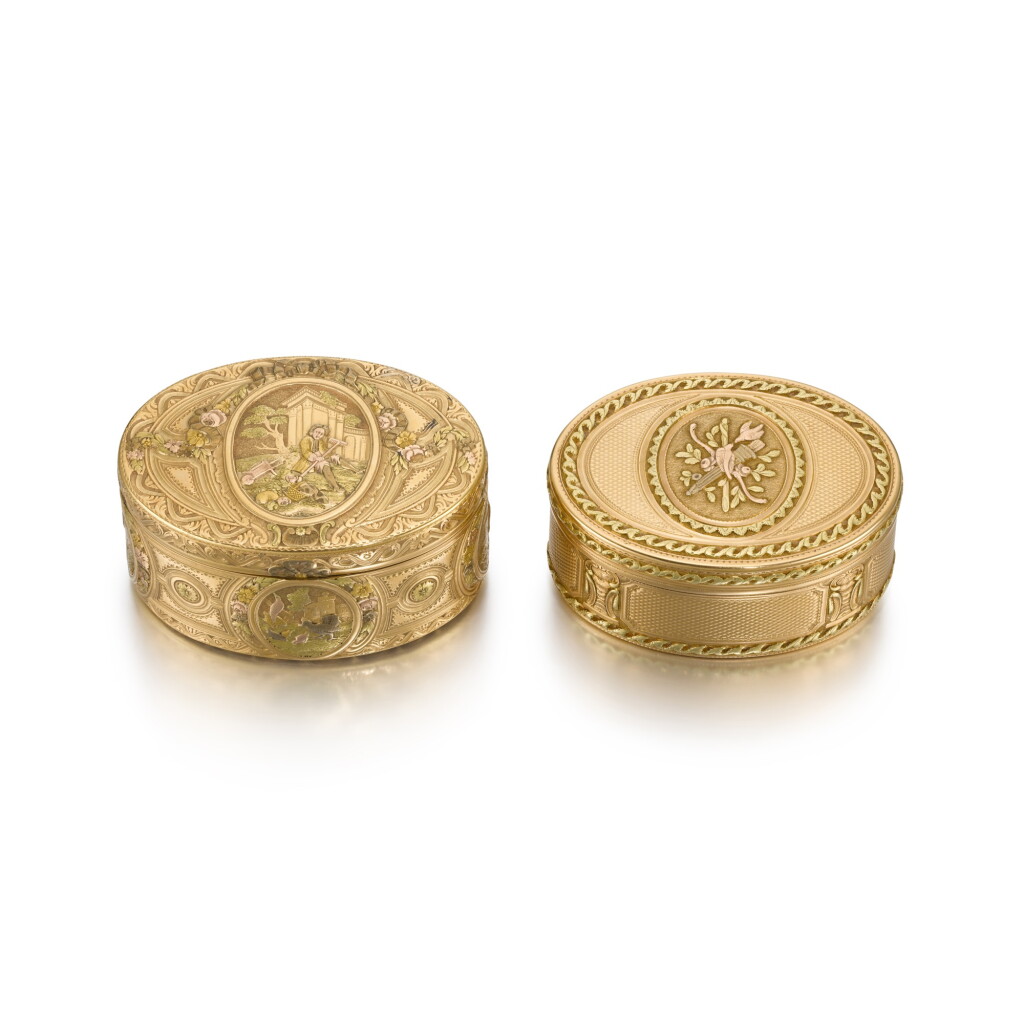 View full screen - View 1 of Lot 47. Two multicoloured gold boxes, Paris, 1765 and 1775.