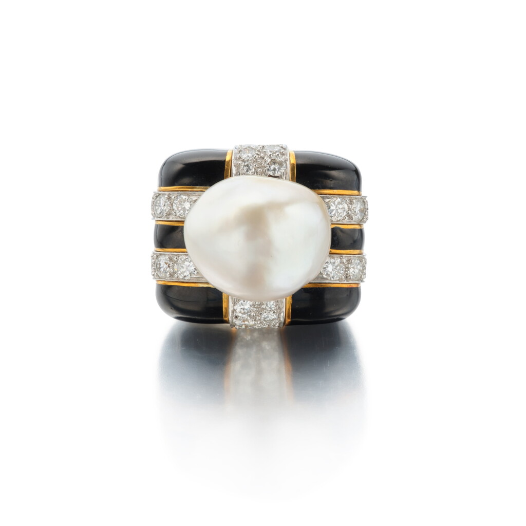 View full screen - View 1 of Lot 119. Cultured Pearl, Enamel and Diamond Ring.
