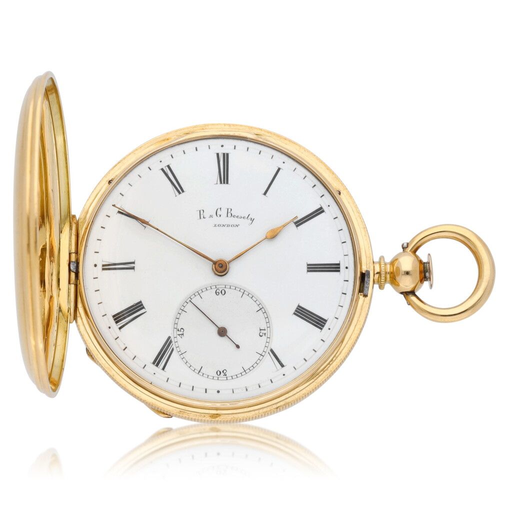View full screen - View 1 of Lot 158. R & G Beesely, London No. 53556 A Swiss cased gold hunting cased lever watch with engraved portraits of an officer and a lady Circa 1845.