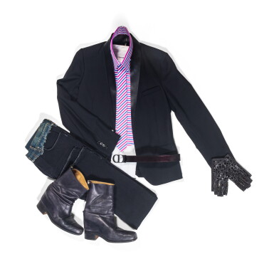 View full screen - View 1 of Lot 49. Karl Lagerfeld’s Total Look 5 "London Calling" : Dior, Black Blazer, Jeans and Belt; Hilditch & Key, Matching Red and Blue Stripes Shirt, Tie and Collar; Chanel Gloves & Leather Boots.