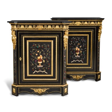 View full screen - View 1 of Lot 95. A pair of Napoleon III gilt-bronze mounted, brass and pietre dure ebonized meubles d'appui, circa 1855, attributed to Hippolyte-Edmé Pretot.