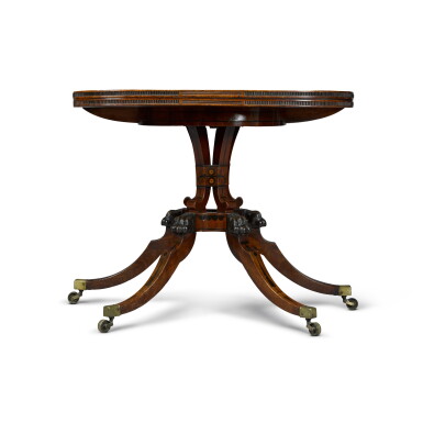 View full screen - View 1 of Lot 34. A late George III ebony inlaid mahogany demi-lune card table, circa 1805.