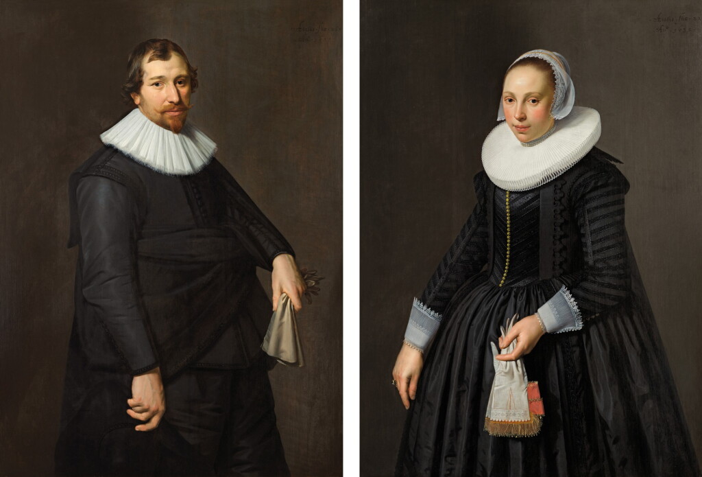 View full screen - View 1 of Lot 29. Portrait of a man in black holding a pair of kid leather gloves; Portrait of a lady in black holding a pair of kid leather and coral silk gloves.
