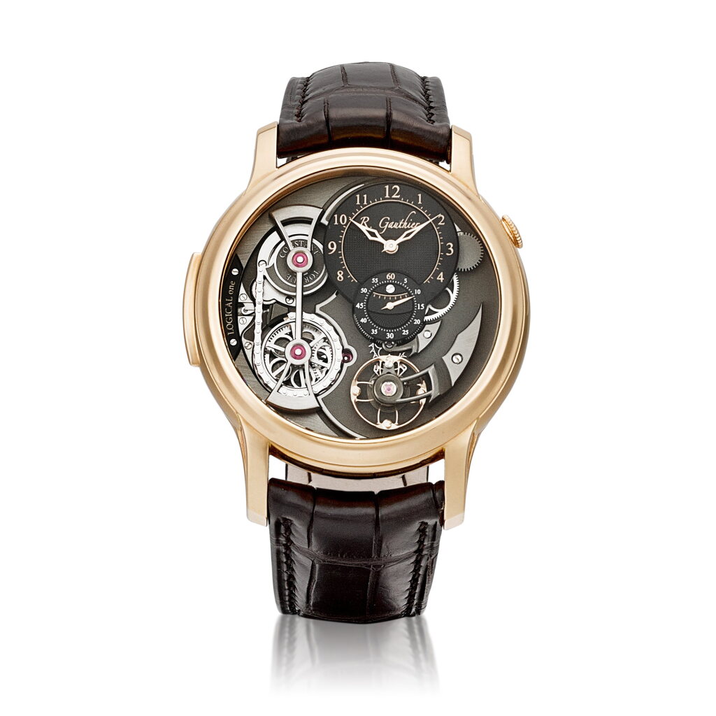 View full screen - View 1 of Lot 8054. Logical One, Reference MON00120 | A limited edition pink gold semi-skeletonised wristwatch with ergonomic winding system, chain and fusée and power reserve indication, Circa 2017 | Logical One 型號MON00120 | 限量版粉紅金半鏤空腕錶,備高效上弦系統﹑芝麻鏈及動力儲備顯示,約2017年製.