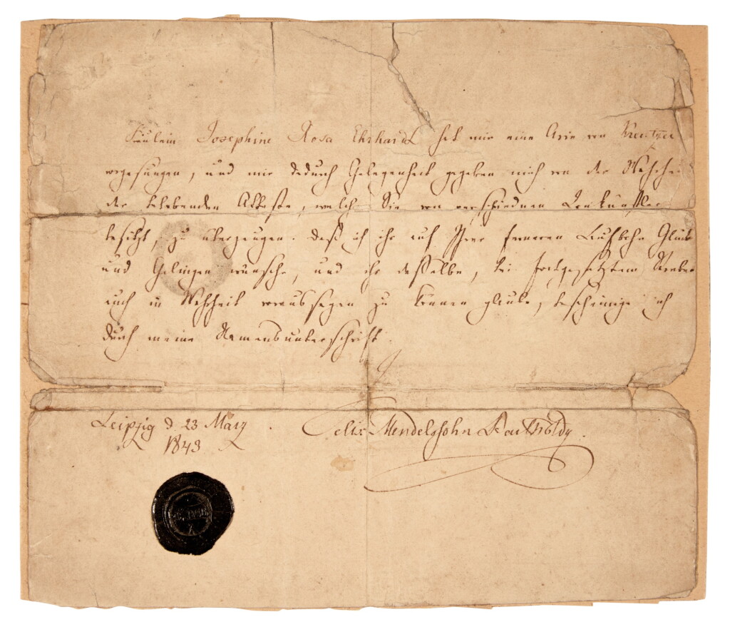 View full screen - View 1 of Lot 57. F. Mendelssohn Bartholdy. Autograph testimonial signed for Josephine Rosa Ehrhardt, only partially published, 1843.