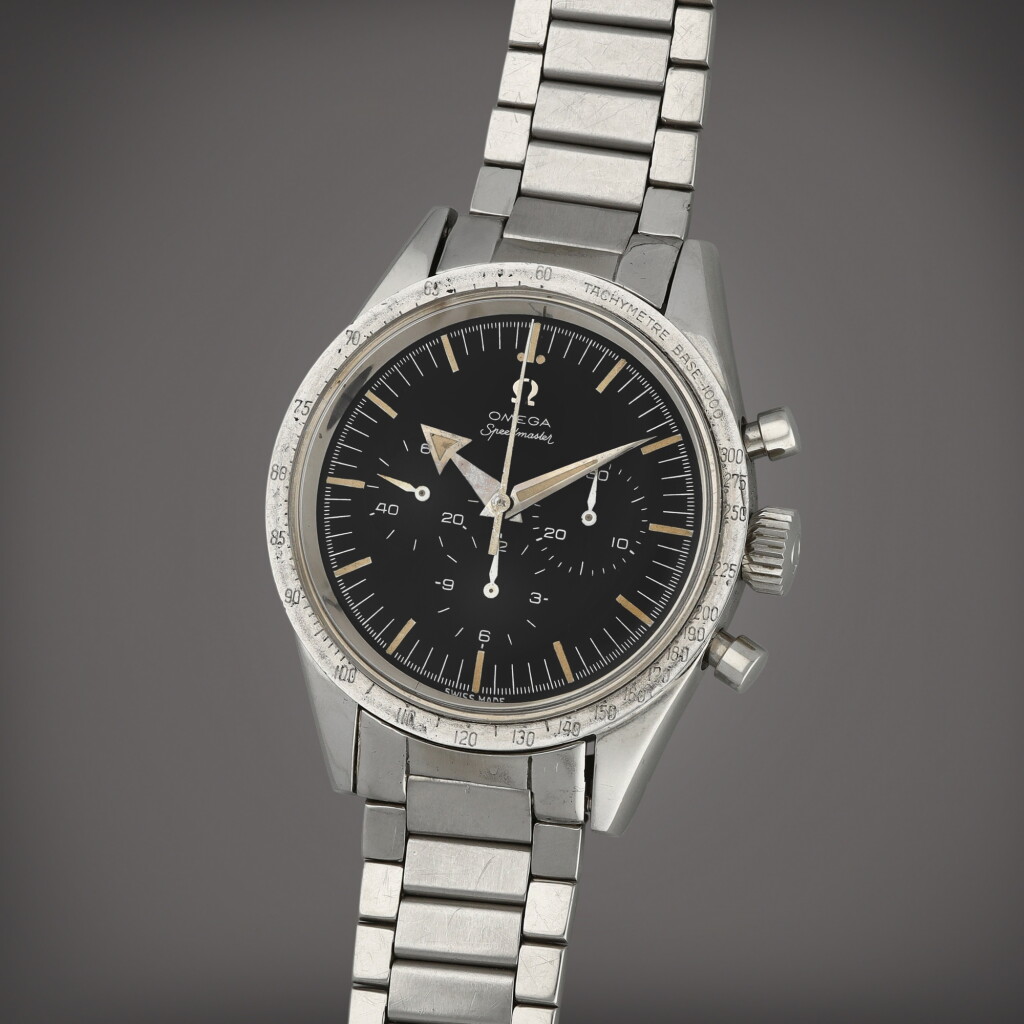 View full screen - View 1 of Lot 79. Speedmaster 'Broad Arrow', Reference 2915-2 | A stainless steel chronograph wristwatch with bracelet | Made in 1959.