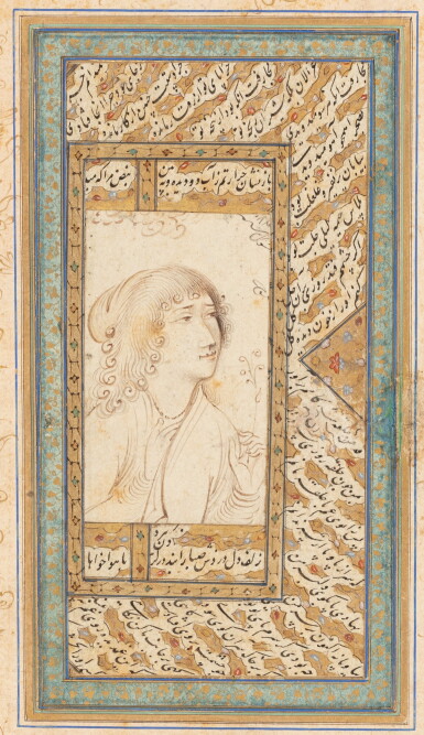 View full screen - View 1 of Lot 334. An Album Page: A portrait of a European mounted on a later manuscript leaf, Persia, 17th and 19th century.