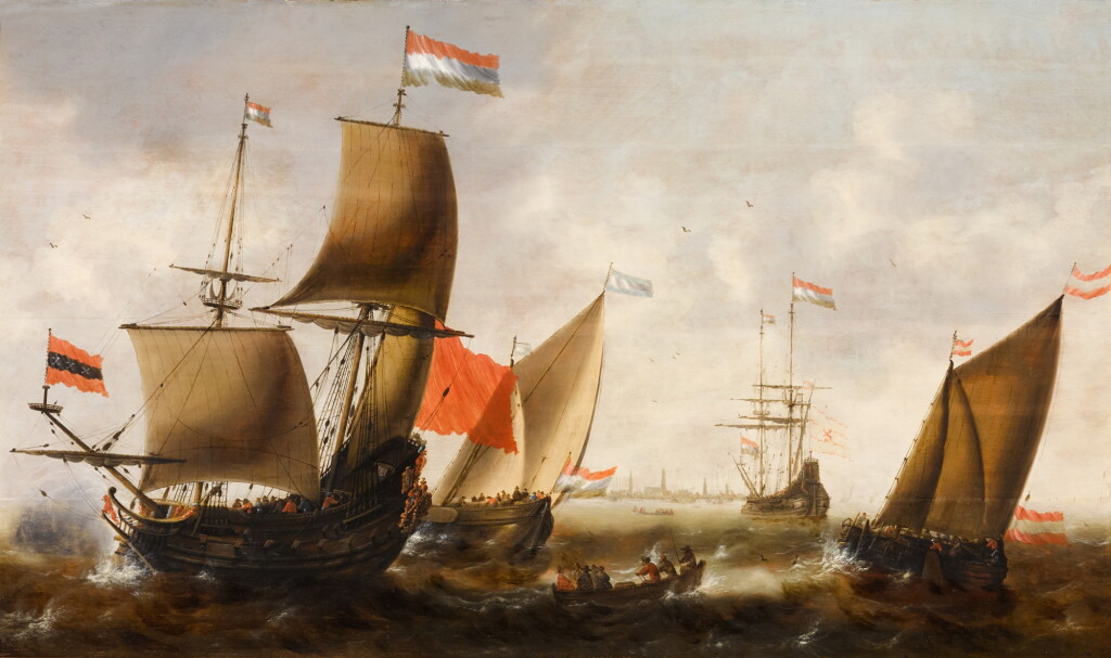 View full screen - View 1 of Lot 357. Dutch shipping in choppy seas off the coast of Amsterdam.