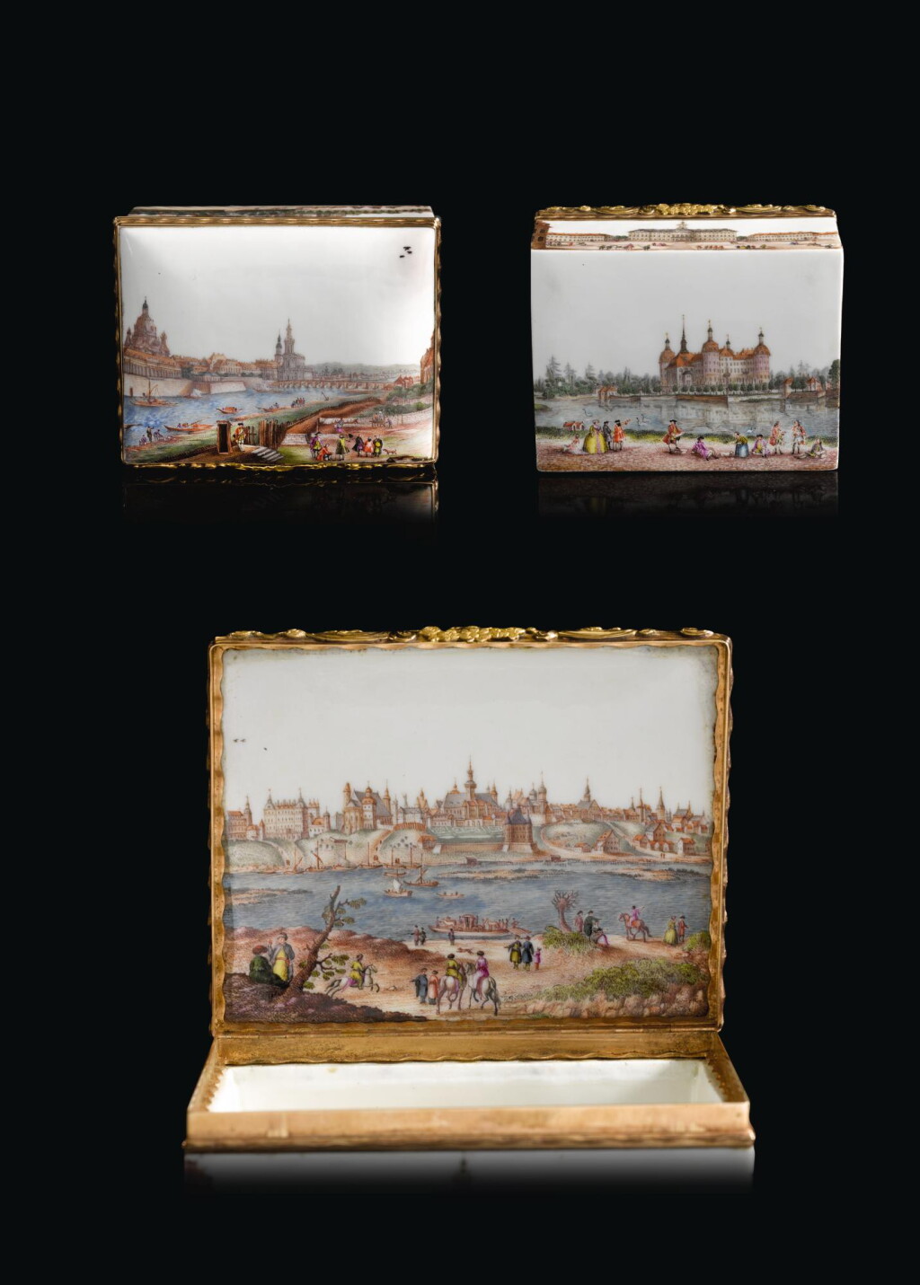 View full screen - View 1 of Lot 16. A gold-mounted Meissen porcelain topographical snuff-box, Circa 1750.