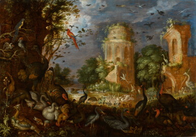 View full screen - View 1 of Lot 28. Landscape with ruins and a variety of birds.