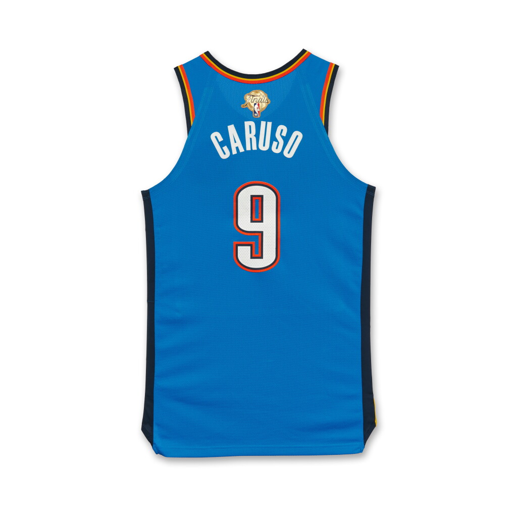 View full screen - View 1 of Lot 20. Alex Caruso Oklahoma City Thunder 2025 NBA Finals Game Worn Icon Edition Jersey | Game 3 | ‘Championship Run’ | Additionally Matched to the Western Conference Finals and Semifinals | 4 Games .