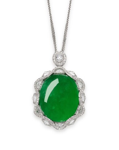 View full screen - View 1 of Lot 1629. JADEITE AND DIAMOND PENDENT NECKLACE | 天然翡翠 配 鑽石 項鏈.