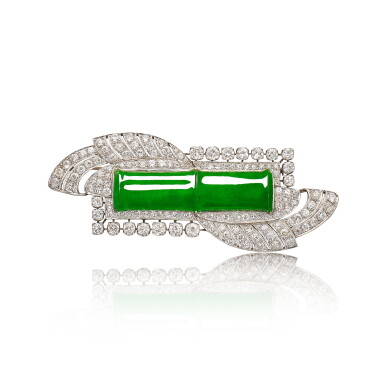 View full screen - View 1 of Lot 2029. Carved Jadeite and Diamond Brooch | 天然翡翠雕「翠竹」配 鑽石 胸針.