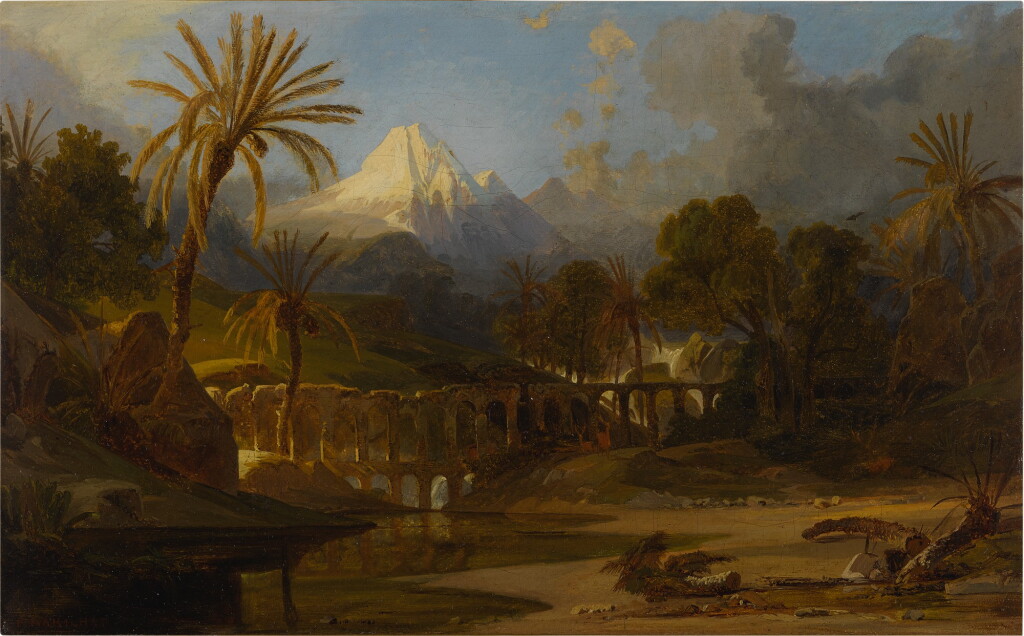 View full screen - View 1 of Lot 26. PROPSER MARILHAT | LANDSCAPE WITH PALM TREES AND MOUNTAINOUS VISTA.