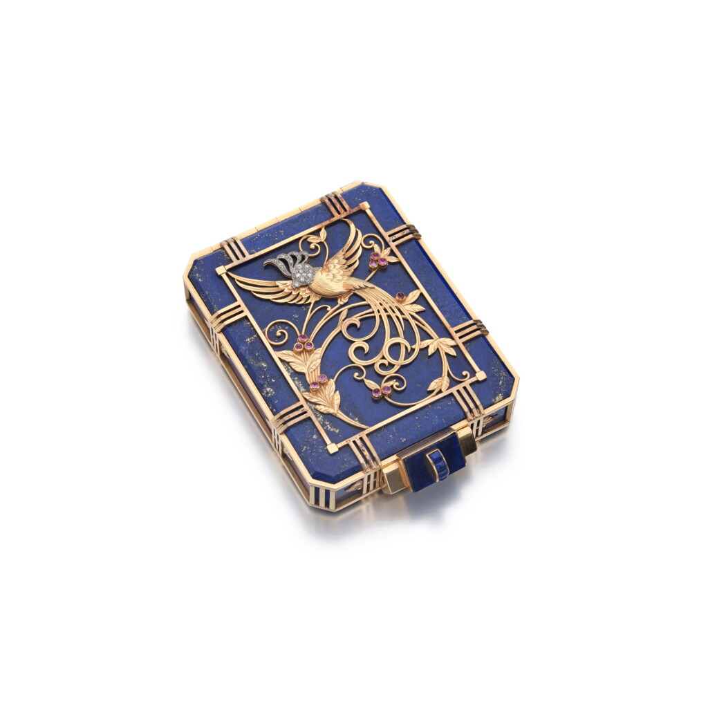 View full screen - View 1 of Lot 139. Gold, lapis lazuli, ruby and diamond vanity case.
