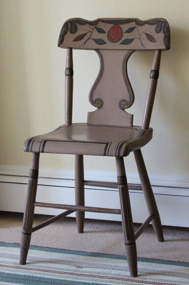 View full screen - View 1 of Lot 1447. CLASSICAL 'FANCY' PINK POLYCHROME PAINT-DECORATED WINDSOR SIDE CHAIR, PENNSYLVANIA, CIRCA 1830 .