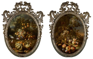 View full screen - View 1 of Lot 476. A pair of still lifes with apples, peaches, pears, plums, cherries, grapes and a melon, set in a landscape.