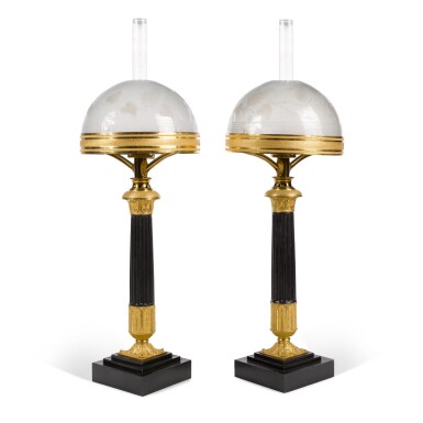 View full screen - View 1 of Lot 1933. A Pair of Louis-Philippe Bronze-Patinated, Metal and Gilt-Bronze Carcel Lamps, Second Quarter 19th Century.
