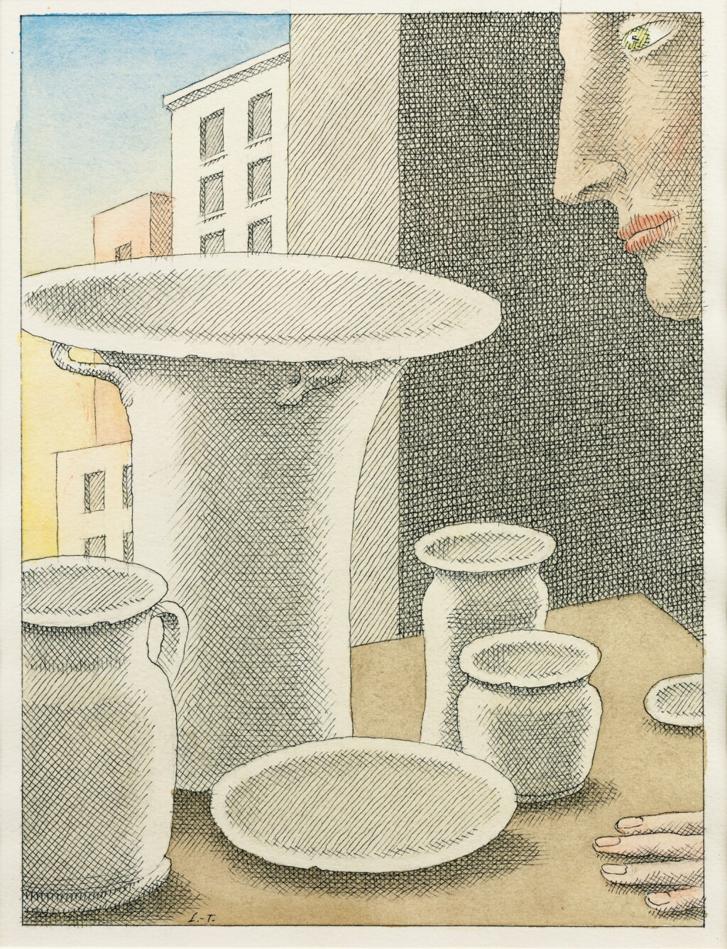 View full screen - View 1 of Lot 54. Un homme examinant des pots et vases et assiettes sur une table devant une fenêtre.