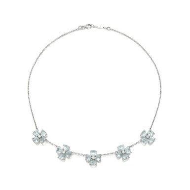 View full screen - View 1 of Lot 129. Aquamarine and diamond necklace.