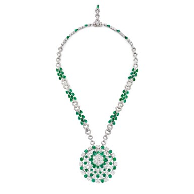 View full screen - View 1 of Lot 1677. EMERALD AND DIAMOND PENDANT NECKLACE | 格拉夫 | 祖母綠 配 鑽石 項鏈.