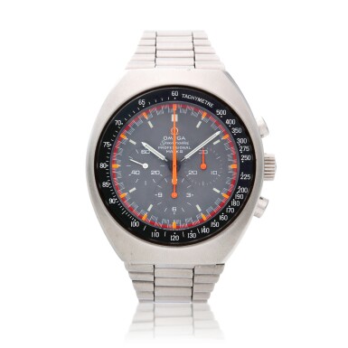 View full screen - View 1 of Lot 125. Reference 145.037 Speedmaster Mark II, A stainless steel chronograph wristwatch with bracelet and racing dial, Circa 1970.