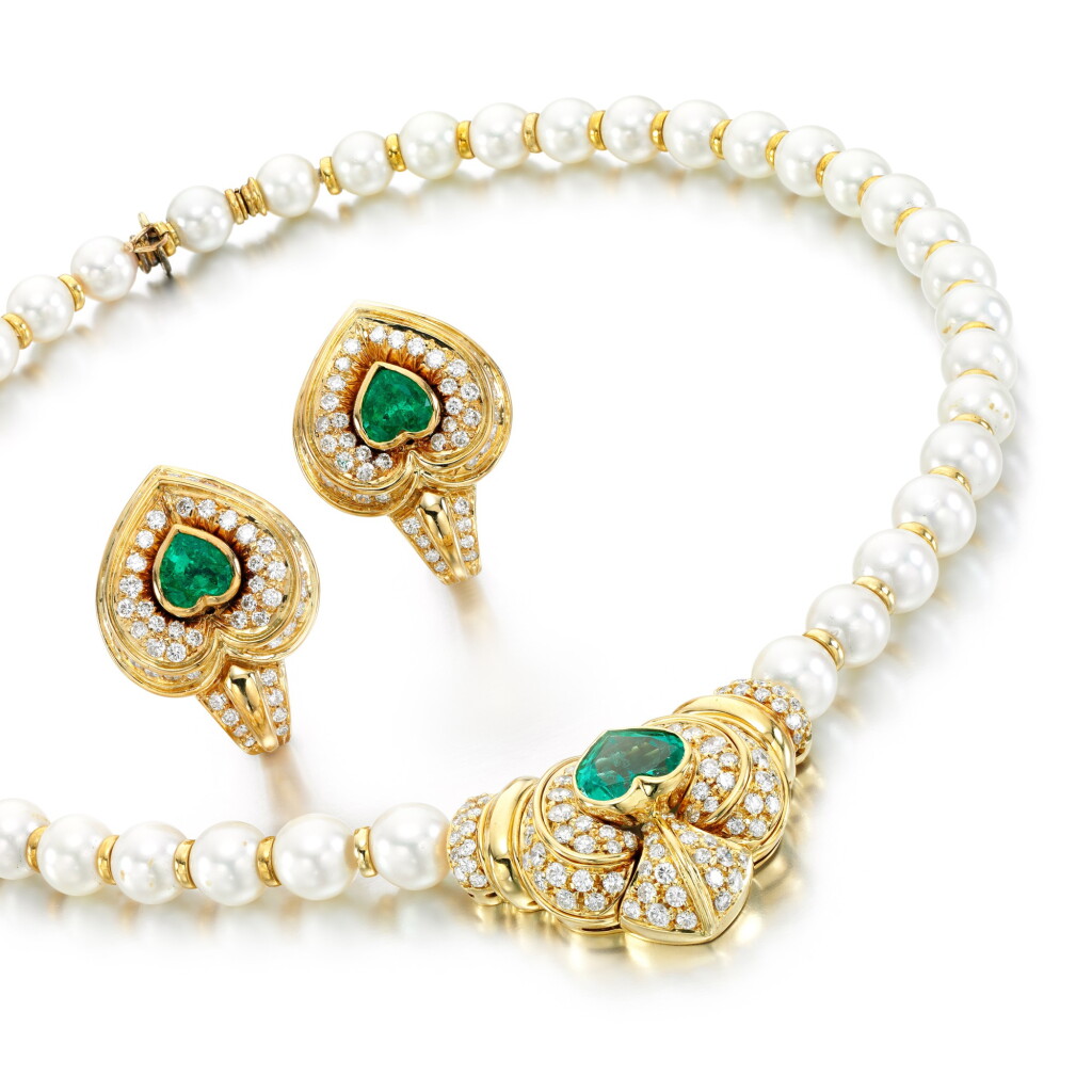 View full screen - View 1 of Lot 112. Cultured pearl, emerald and diamond demi-parure.