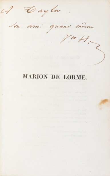 View full screen - View 1 of Lot 110. Marion de Lorme. 1831. Reliure époque. Ed originale, avec envoi au baron Taylor, qui voulut faire jouer la pièce.