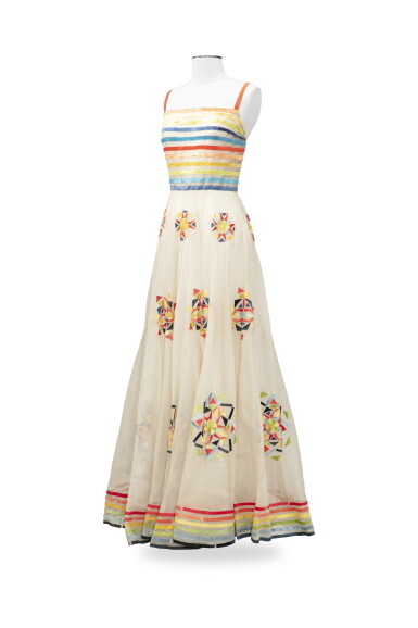 View full screen - View 1 of Lot 52. Balestra, Haute Couture, circa 1970-1974, Ivory organza long dress | Robe longue en organza ivoire.
