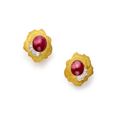 View full screen - View 1 of Lot 130. Pair of Ruby and Diamond Earrings.