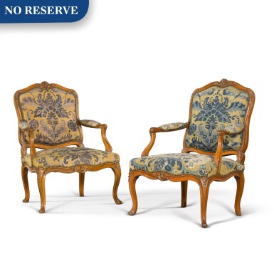 View full screen - View 1 of Lot 79. A pair of Louis XV carved beechwood fauteuils à la reine, one mid-18th century, the other a later copy.