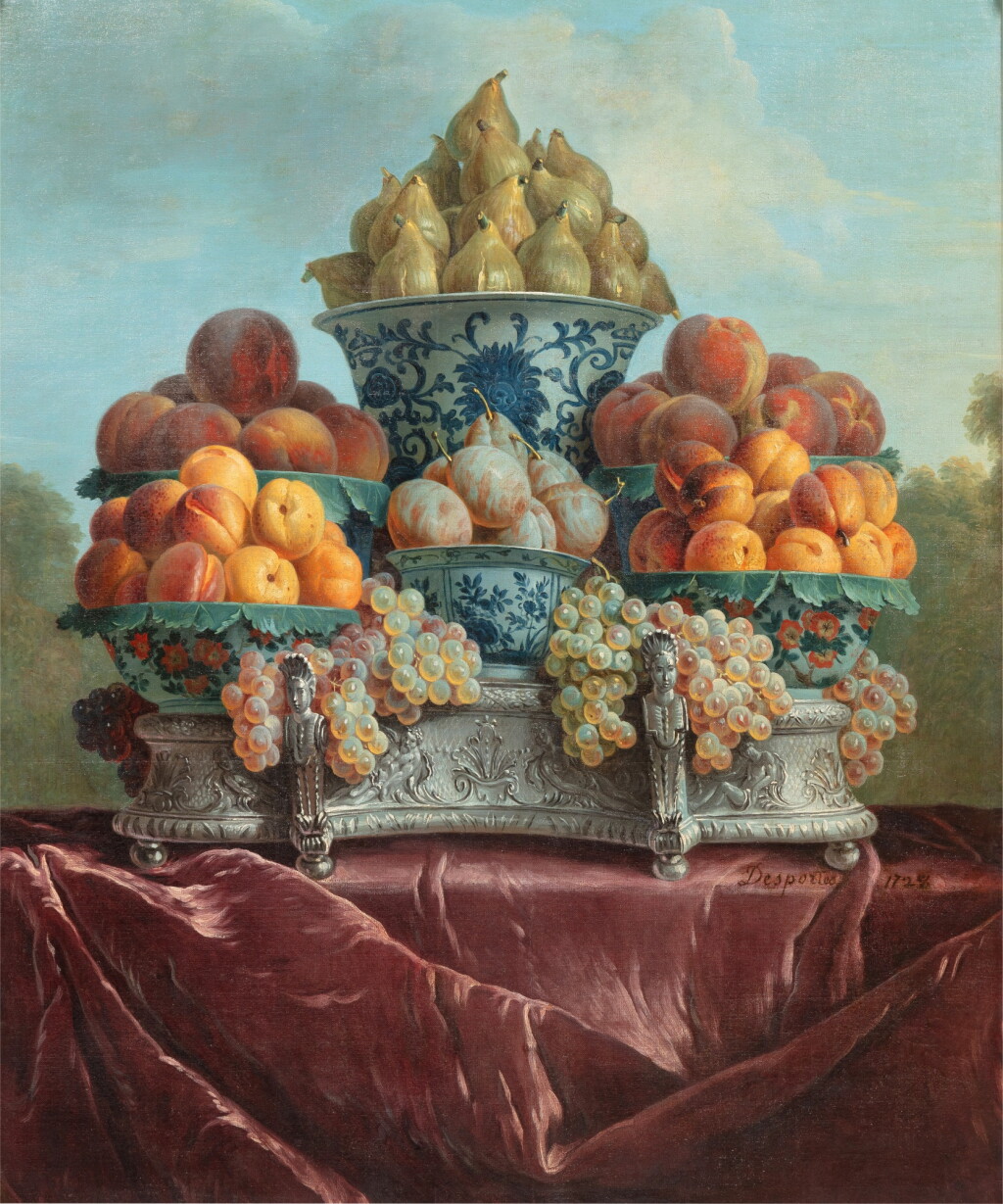 View full screen - View 1 of Lot 38. Still life with fruits and porcelains | Nature morte aux fruits et porcelaines.
