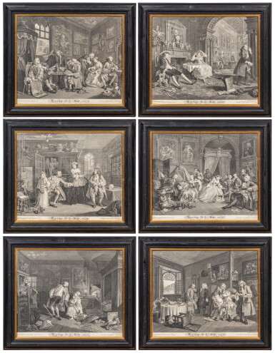 View full screen - View 1 of Lot 810. A set of six engravings after William Hogarth's Marriage A-la-Mode, originally published 1745.