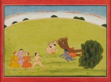 View full screen - View 1 of Lot 199. An illustration of the 'large' Guler-Basohli Bhagavata Purana series: The Liberation of Nalakuvara and Manigrivua, Attributed to Manaku, Guler-Basohli,circa 1760 - 1765.