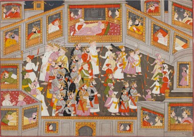 View full screen - View 1 of Lot 103. Scene from the Mahabharata attributable to the artist Purkhu or his family workshop, India, Kangra, 1810 - 1820 .