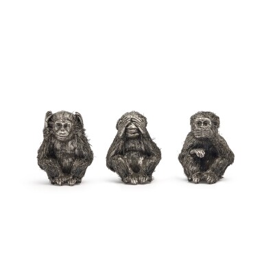 View full screen - View of See No Evil, Hear No Evil, Speak No Evil: A Set of Three Italian Silver Monkeys, Mario Buccellati, Florence, Late 20th Century.