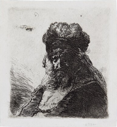 View full screen - View 1 of Lot 46. Bearded Old Man in High Fur Cap, with Eyes Closed (B., Holl. 290, New Holl. 148, H. 130).