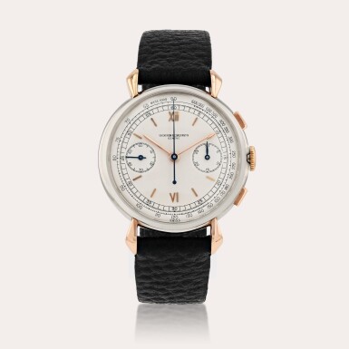 View full screen - View 1 of Lot 368. 'Teardop lugs', 'Base 1000' Montre bracelet chronographe en or rose et acier | Pink gold and stainless steel chronograph wristwatch Vers 1943 | Circa 1943.