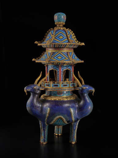View full screen - View 1 of Lot 645. A massive and extremely rare cloisonné enamel 'sanyang' censer, Qing dynasty, Qianlong Period | 清乾隆 銅胎掐絲琺瑯三羊開泰寶塔式三足大熏爐.